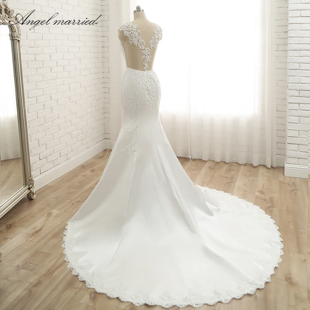 Женское атласное платье с аппликацией Angel белое свадебное в виде русалки