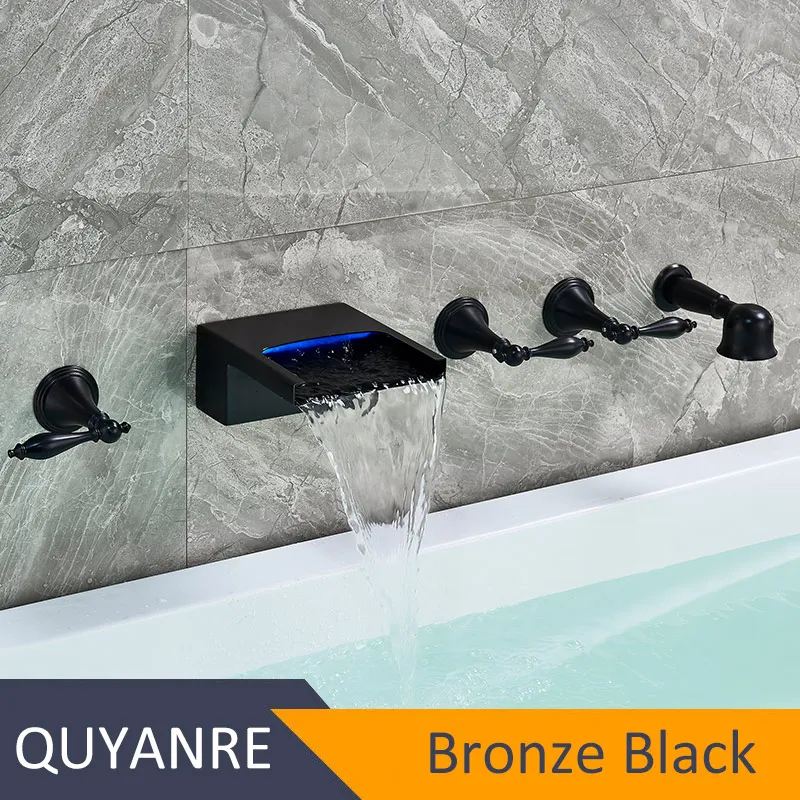 Quyanre настенный Blackend светодиодный Водопад ванна широкораспространенные краны кран для ванны раковины с ручного душа для ванной комнаты смеситель для душа - Цвет: Bronze Black
