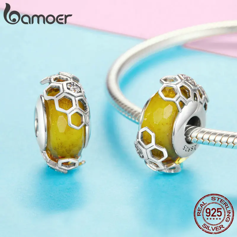 BAMOER модный 925 пробы серебряный европейский сотовый пчелиный стеклянный бисер Подходит для оригинальных браслетов и браслетов DIY Ювелирные изделия SCC1073