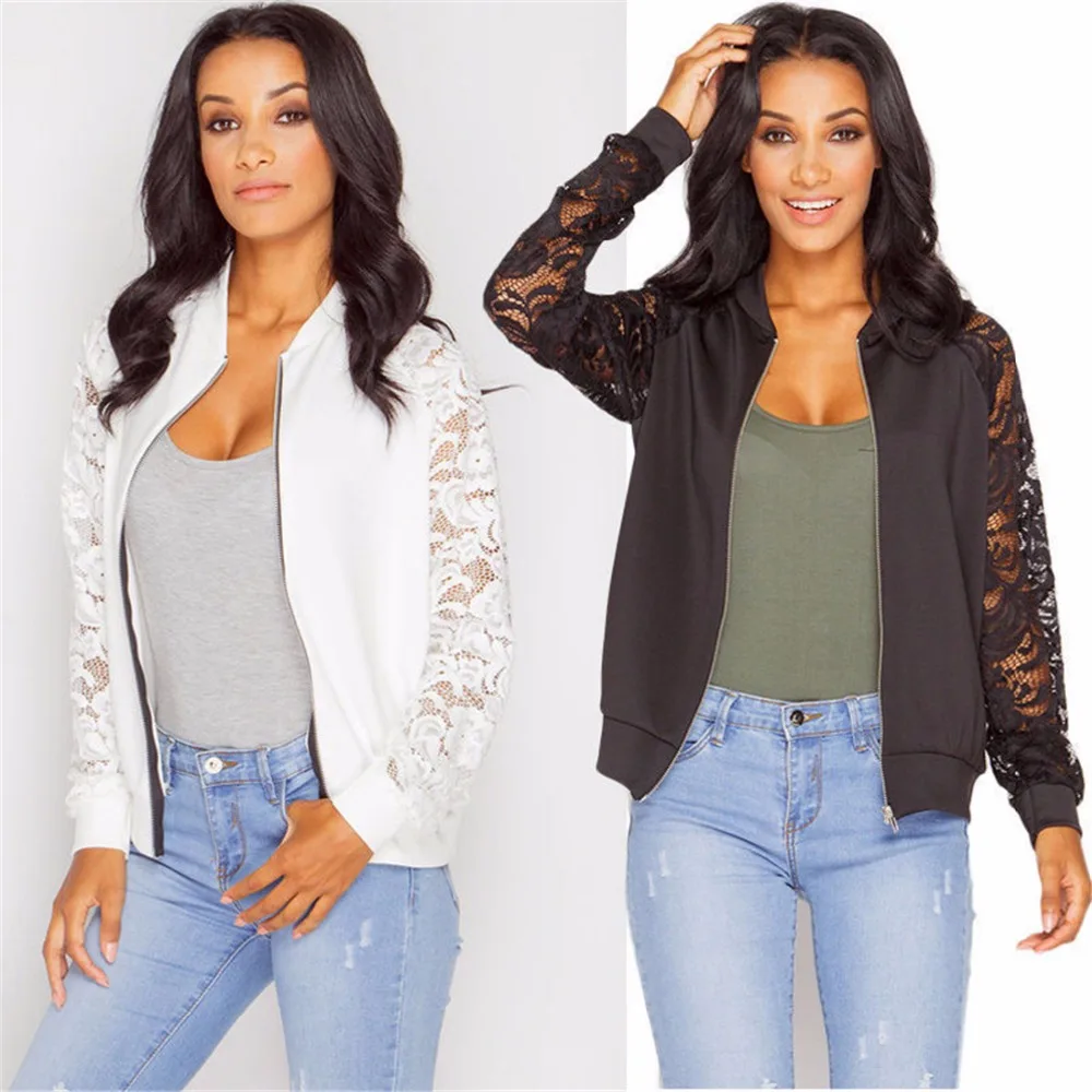 

Fashion New Coats Lace Printed Bomber Jackets Women Long Sleeve Zipper Basic Hollow Out 2019 Spring Perspective Short Coat