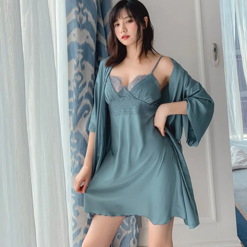 Brand New Silk Satin Women Robe &amp Gown Sets Summer 2 Pcs Sleep Dress+Robe Sleepwear Sexy Night Nightdress Home Wear | Женская одежда