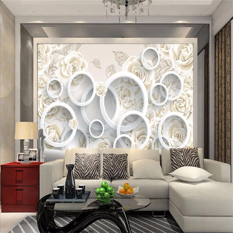 3D обои для дома декорации фото гостиная белые розы круг ресторан настенная