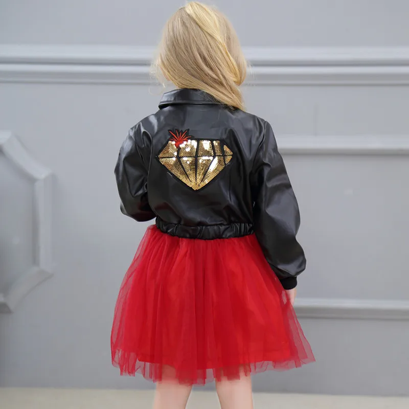 R&ampZ Baby Girls Dress 2018 Autumn Fashion Lapel Zipper Leather Diamond Print Long Sleeve Mesh Tutu for Kids Clothing | Детская одежда
