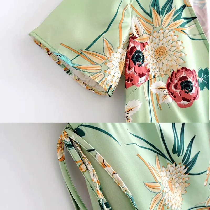 Yinlinhe цветочный пляжное летнее платье короткий рукав 2018 Sash Тонкий с запахом Для