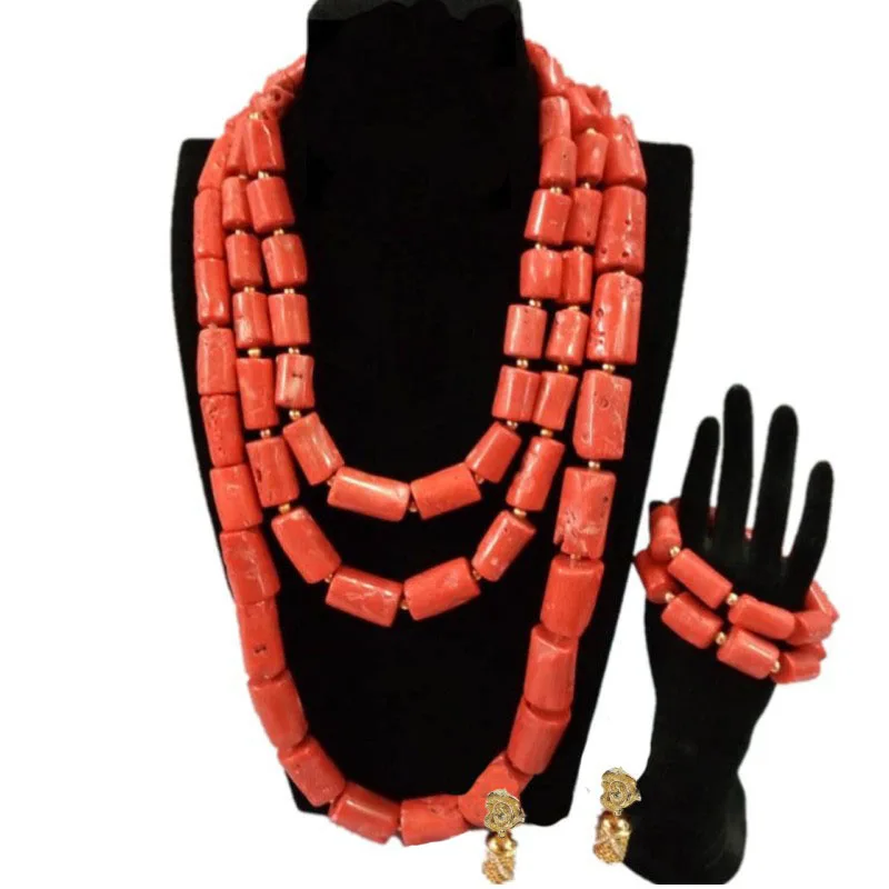 4UJewelry 13-14 мм африканские коралловые бусины для мужчин один слой длинный дизайн ожерелье браслет набор для нигерийской свадьбы жениха Оранжевый