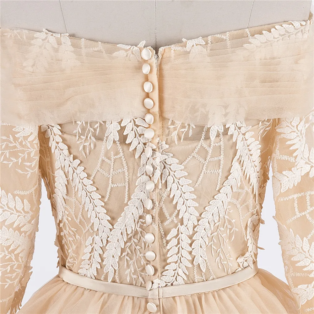 

Champagne Vestido De Noiva Wedding Dresses A-line Long Sleeves Tulle Appliques Lace Cheap Boho Wedding Gown Bridal Dresses