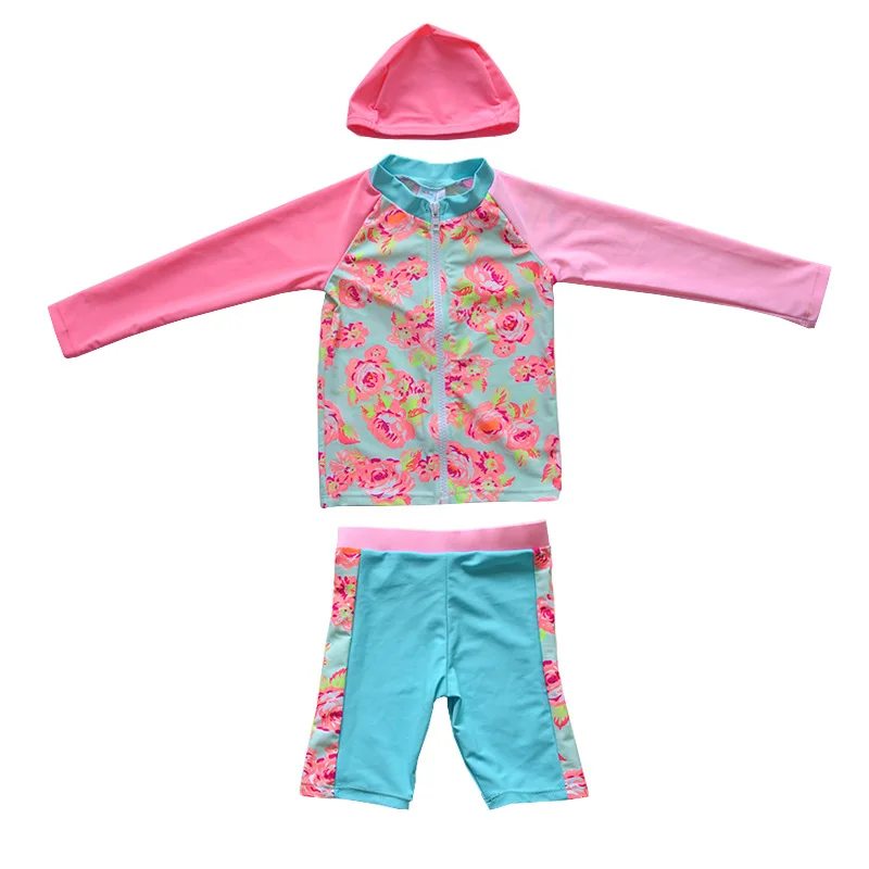 swimsuit with cap Купальный костюм из двух предметов для девочек; одежда для купания с длинными рукавами для малышей; Солнцезащитная пляжная одежда; детские топы и шорты; детские купальники - Цвет: swimsuit with cap