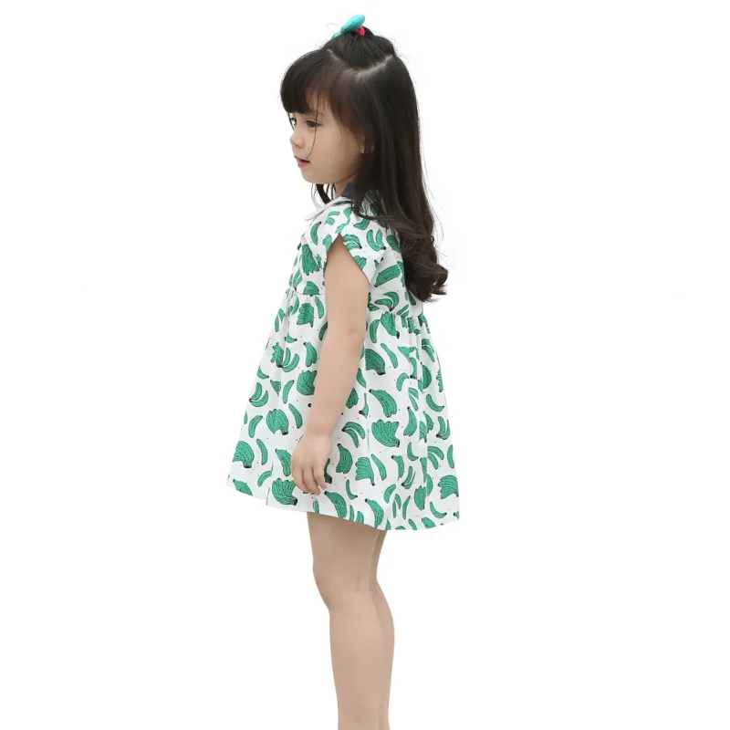 Summer Children Girl Peter Pan Collar Tutu Dress Green Banana Pattern Princess Short Sleeve Sundress | Детская одежда и обувь