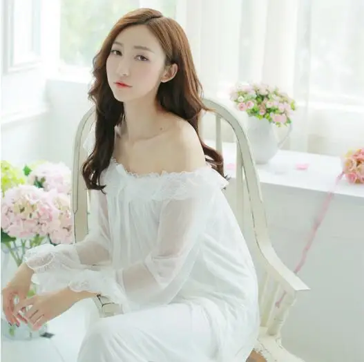 Ночная рубашка с длинным рукавом женская хлопковая кружевная длинная для лета A707