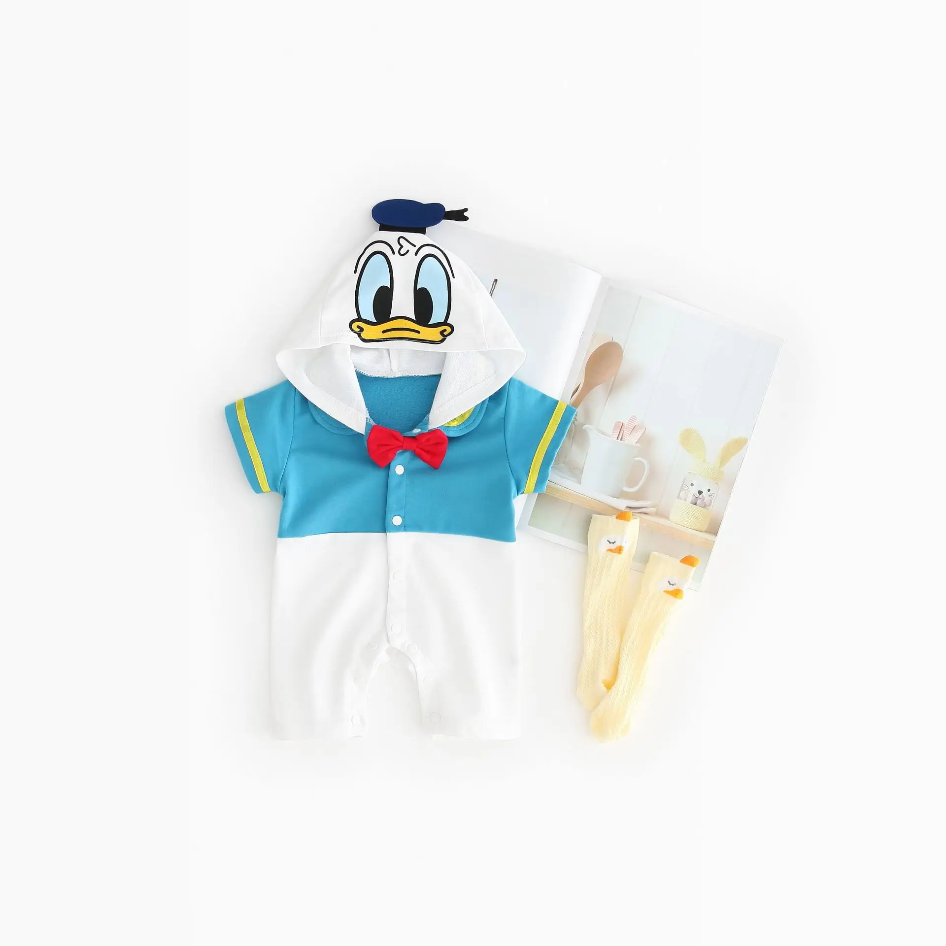 Duck Детский комбинезон унисекс с короткими рукавами, милый комплект из двух предметов с рисунком для маленьких мальчиков и девочек, костюм с шапочкой, комплект одежды для новорожденных с рисунком зебры - Цвет: Duck