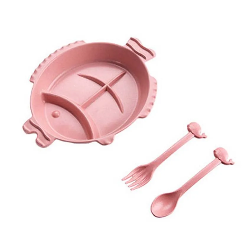 Pink Fish Set 3 шт./компл. Набор тарелок для кормления малышей, чаша, Трубная решётка, вилки для детей, столовая посуда, бамбуковое волокно, контейнер для еды, детская посуда, BPA бесплатно - Цвет: Pink Fish Set