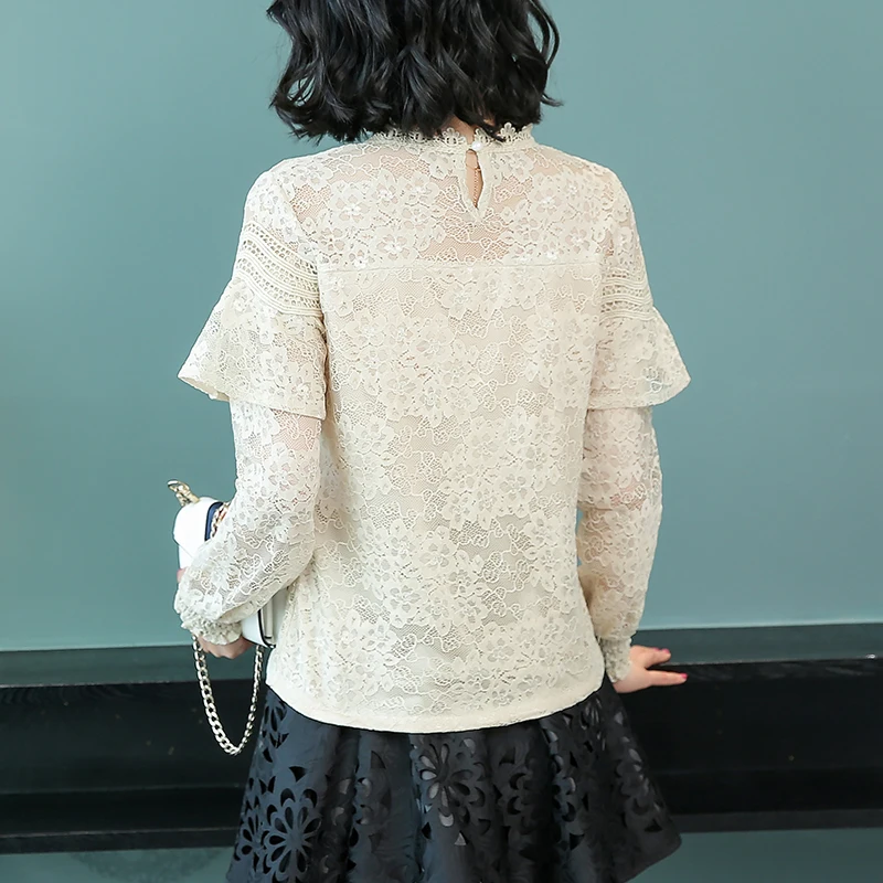 Женская ажурная Блузка с оборками кружевная Повседневная длинным рукавом модель