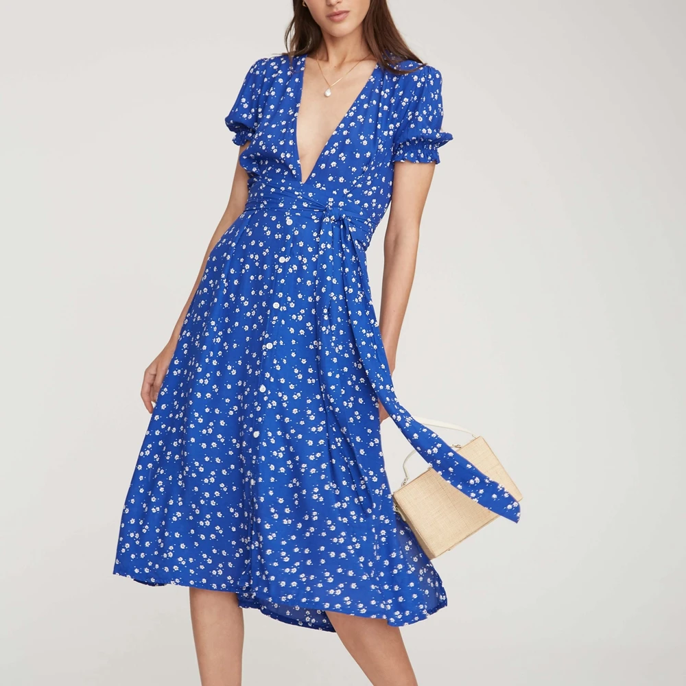 Повседневное Бохо цветочный принт А силуэт до середины икры сексуальное платье