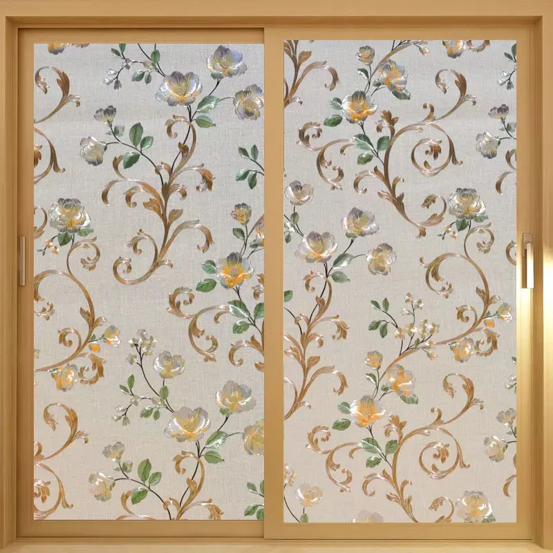 

Width 90cm 3D peony Glass Film embossing Stained Window Sticker Privacy Static Self-Adhesive Home decorative film for furniture