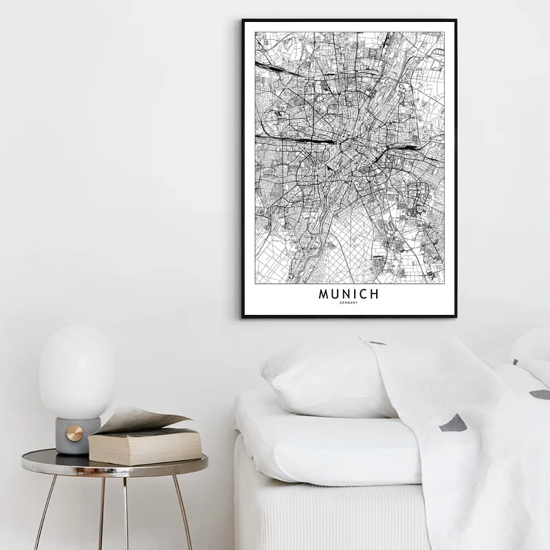 Munich Black White Custom World City Map Posters Prints Nordic Style Wall Art Pictures Home Decor Canvas Painting | Дом и сад