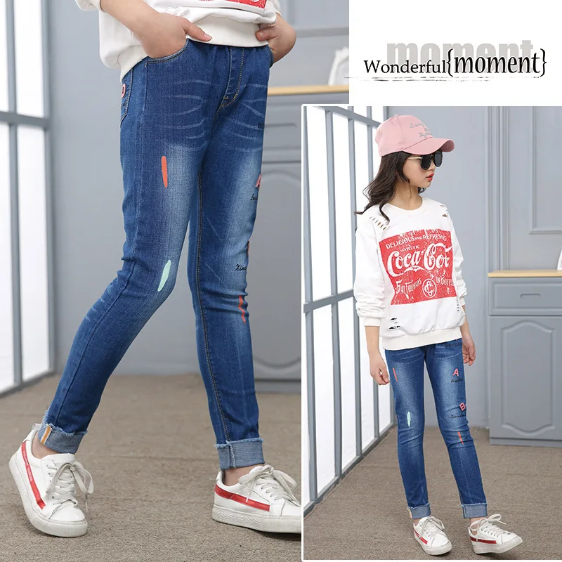 

Girls 4-14 Y Spring Autumn Denim Full Length Jeans Pencil Pant Casual Fashion Letters Pattern Elastic Waist Slim Leg Trousers