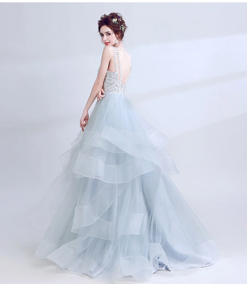 Серебристый Robe De Soiree Новое Элегантное серое кружевное платье для выпускного вечера сексуальное с открытой спиной без рукавов ТРАПЕЦИЕВИДНОЕ длинное вечернее платье для банкета - Цвет: Серебристый