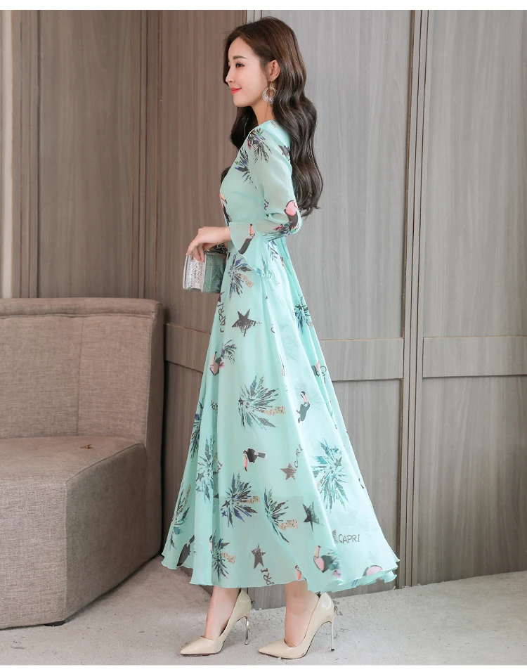 High quality Autumn New Arrival Plus Size S-XXXL Fashion V Collar Flare Sleeve Flower Printed Woman Long Chiffon Dress