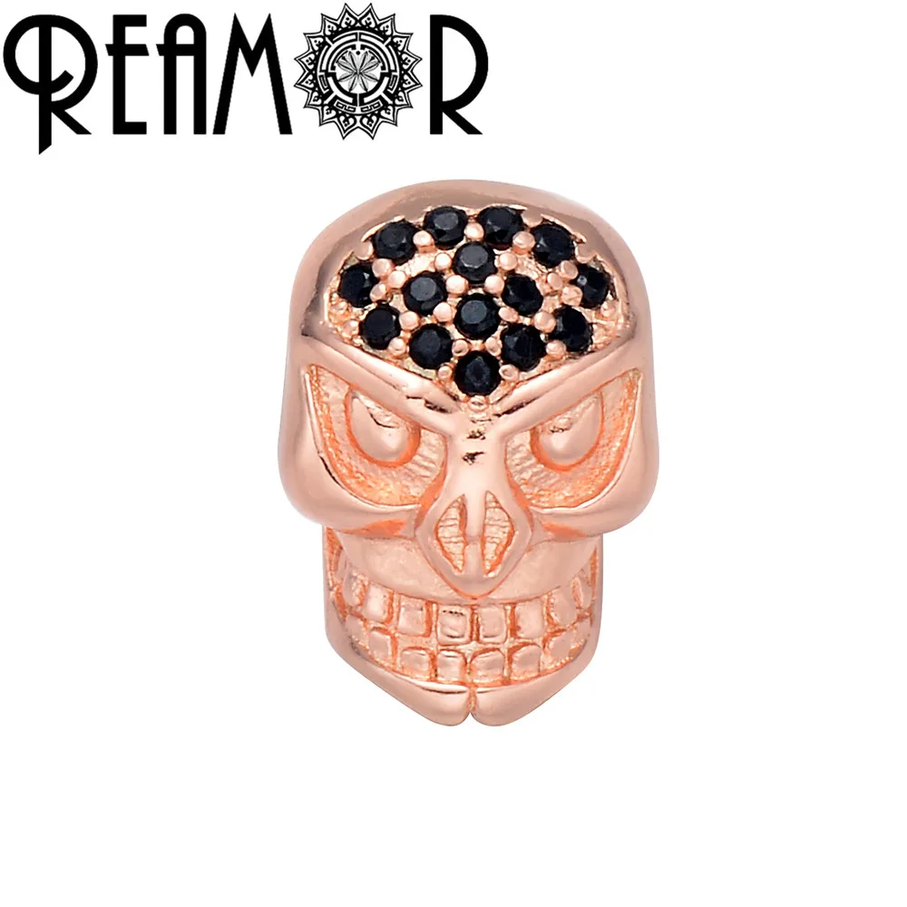 Rose gold REAMOR микро-Инкрустация черный циркон бусины-черепа для DIY ювелирное Цвета подвески с нержавеющей стали шарик для вставки подходит браслет аксессуары - Цвет: Rose gold