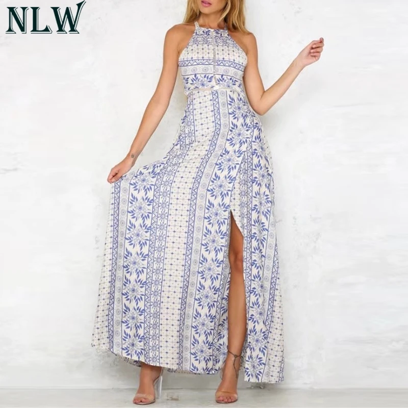 Nlw Белый Boho принт шифоновое платье высокое Разделение выдалбливают Элегантное