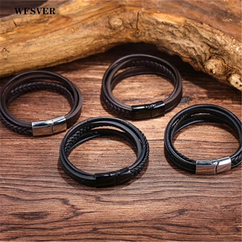 WFSVER черный коричневый Натуральная Плетеная кожа браслет Мужчины Женщины