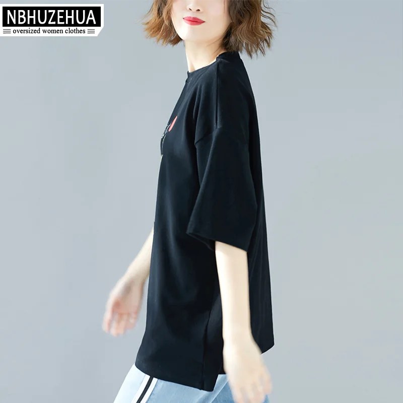 NBHUZEHUA Plus Size Summer T Shirts For Women Kawaii Cat Print Cute Tops O Neck Cotton Casual Shirt XL XXL XXXL 19-D192 | Женская одежда