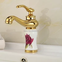 golden flower painted basin faucet ceramic body bathroom single hole hot and cold white faucet deck mounted zr481