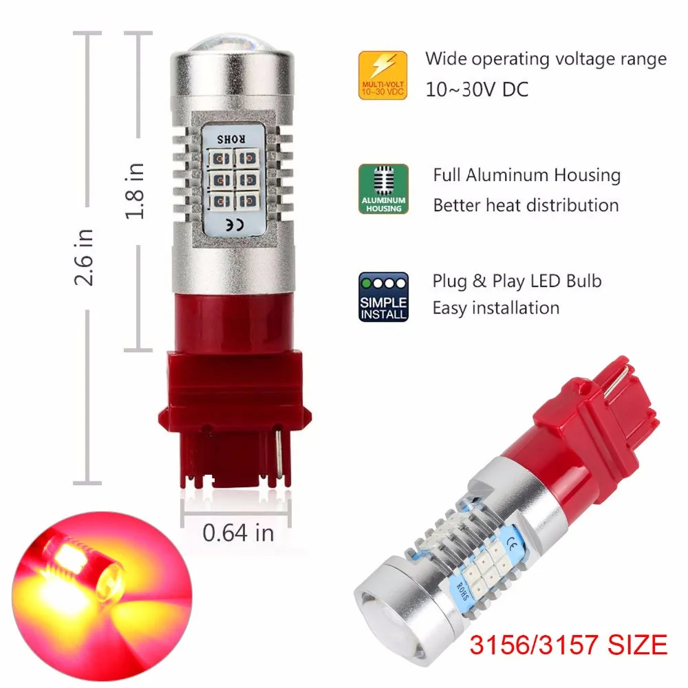 Keyecu 2x1156/1157/3156/3157 2835 21SMD Extremely Bright Red LED Bulbs Projector Lens 10-30V Works as Brake Light Tail | Автомобили и