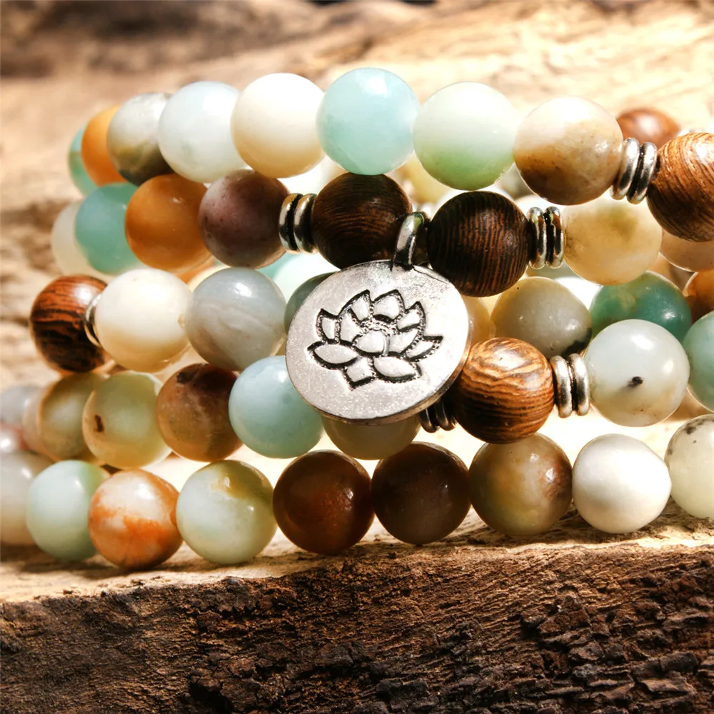 New Design Yoga Lotus Pendant Bracelet Natural Amazonite with Wood Beads 108 Mala Trendy Men and Women's Bracelets or Necklaces |