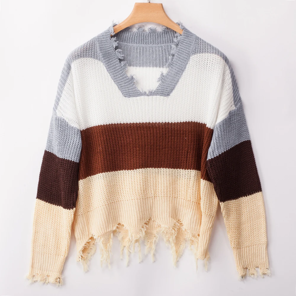 Серый Rainbow Sweater Women Ripped V Neck Pullover and Sweater Long Sleeve Striped Autumn Knit Sweater - Цвет: Серый