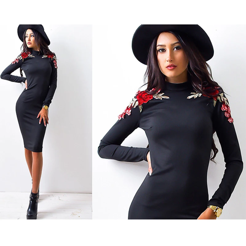 Women's Fashion Appliques Bodycon Dress 2018 Autumn Sexy Sheath Package Hip Blue Black Long Sleeveless Pencil | Женская одежда