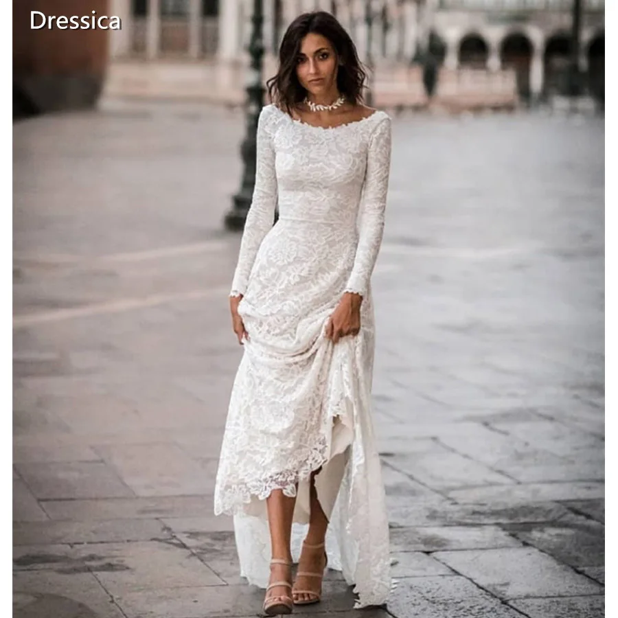 

Long Sleeve Lace Wedding Dress A Line Boat Neckline High Quality Bridal Gown