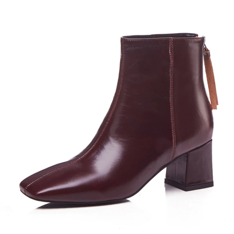 

2019 Fashion Square Toe Women Booties Chunky High Heels Back Zipper Ladies Shoes Geninue Leather Ankle Boots Women Black Shoes