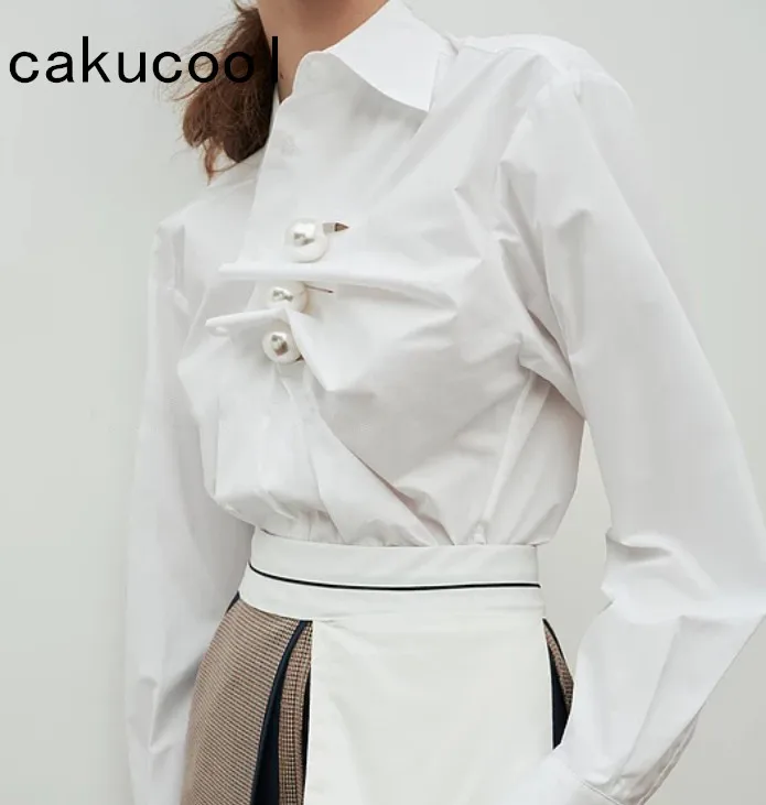 Cakucool, Женская белая блузка, длинный рукав, плиссированная, жемчужные пуговицы, Blusas, офисная, деловая, элегантная, асимметричная, рубашка, блузки, Feminino