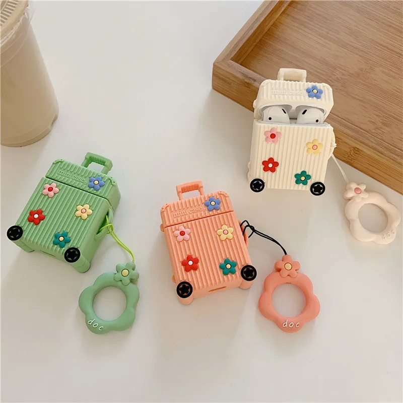 

Bluetooth Earphone Case for Airpods 2 Accessories Protective Cover Bag Anti-lost Strap Cute Silicone Flower Trunk Candy Colors