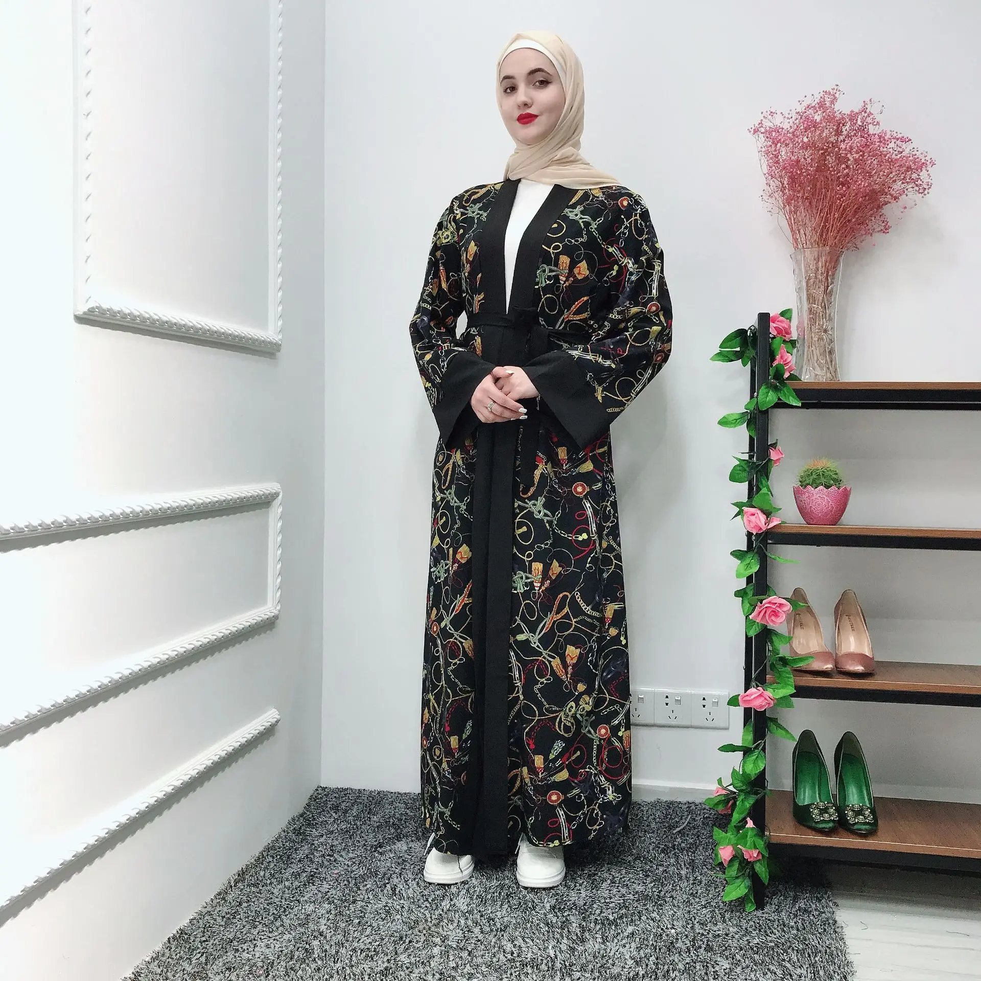 Summer print floral Muslim women shift long abaya black robes | Тематическая одежда и униформа