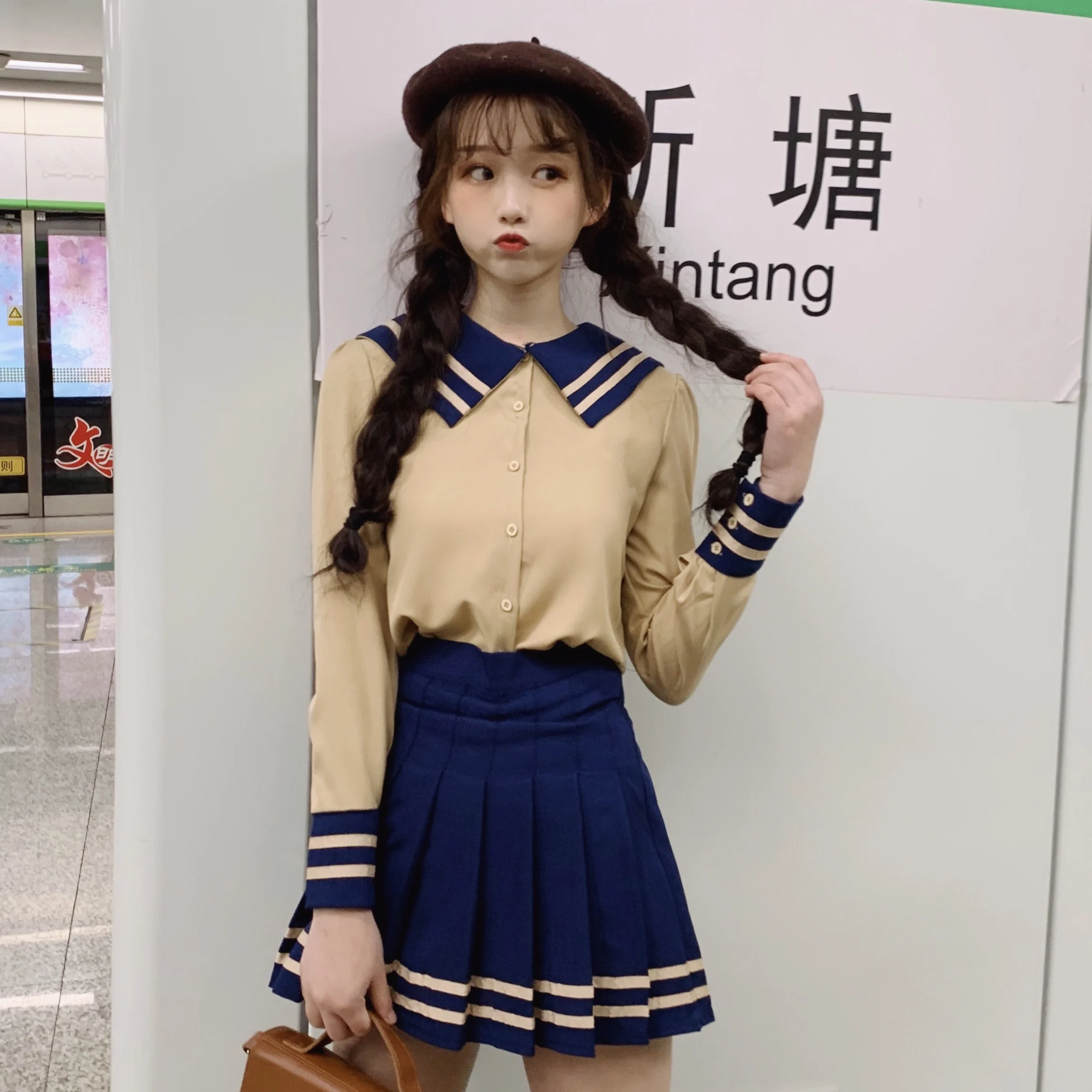 

Spring Summer Japan Style Sailor Collar Jk Uniform Women 2 Piece Skirt Sets Top+skirt Sweet College White Apricot 2 Pcs Set