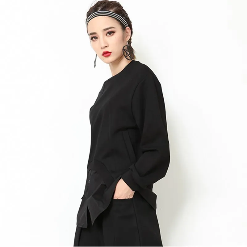 Женская Винтажная Футболка составного кроя черная Свободная Повседневная