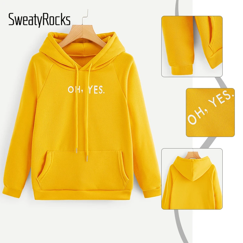 Толстовка с капюшоном и рукавом реглан с буквенным принтом SweatyRocks, уличная одежда, повседневные желтые Топы, Весенняя модная одежда, женские толстовки с капюшоном