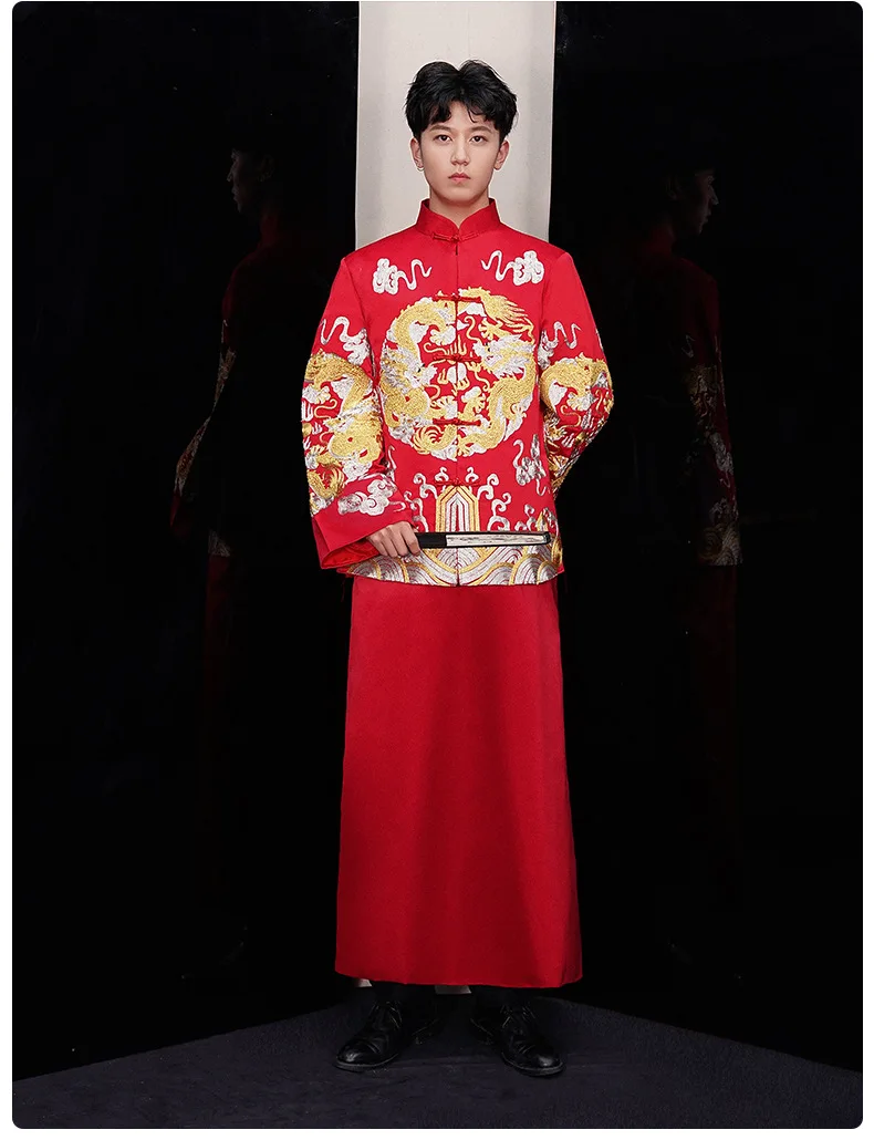 

New Groom Vintage Loose Cheongsam Traditional Chinese Wedding Gown Satin Qipao Embroidery Dragon Costume Vestido Oriental Mens