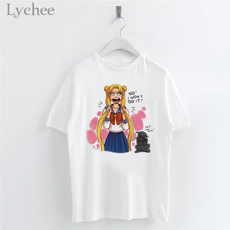 Lychee Harajuku Сейлор Мун мультфильм Печать Женская футболка повседневная с коротким рукавом o-образным вырезом белая футболка женский топ - Цвет: 5
