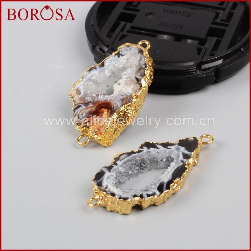 

BOROSA Free-form Natural Onyx Stone Slice Connector Double Bails Druzy Stone Slice Jewelry Gold Bezel Connector G0952