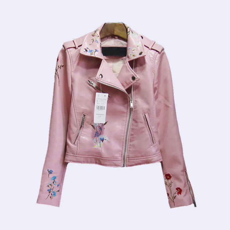 pink leather jacket Кожаная куртка с цветочной вышивкой, Женская Черная байкерская куртка, Панк искусственная куртка, jaquetas couro Casaco chaquetas PU куртка - Цвет: pink leather jacket
