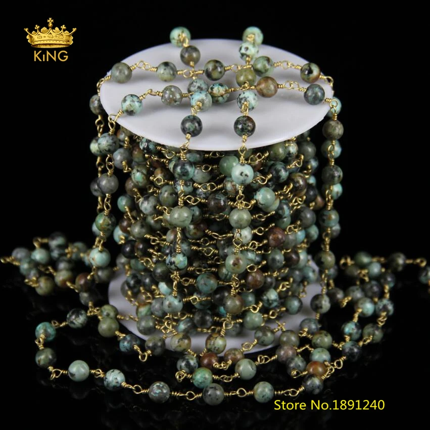 

5Meters,Green Africa Turquoises Rosary Chains,Smooth Round Howlite Beads Wire Wrapped Brass Copper Links Jewelry Chain ZJ-66