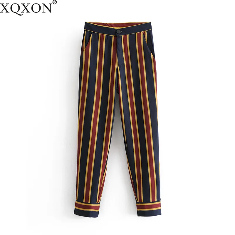XQXON Women's suits Spring New Fashion Office Style Striped Blazers Jacket striped straight pant suits Two Pieces Set