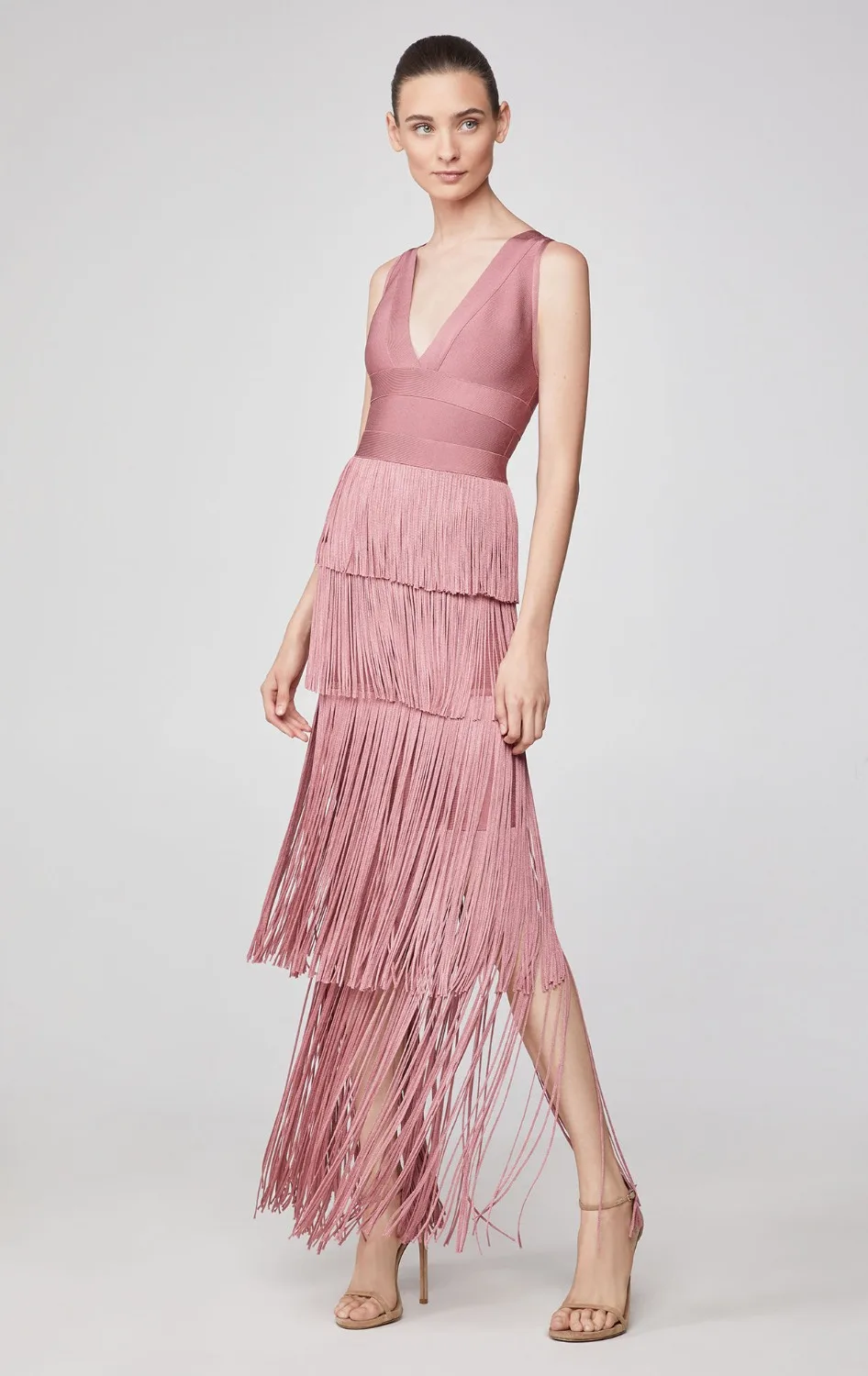 

Женское вечернее Бандажное платье, розовое облегающее платье знаменитости без рукавов с v-образным вырезом и кисточками, лето 2019