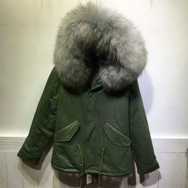 Зеленая куртка с лисьим мехом внутри в стиле унисекс зимняя и Весенняя Меховая