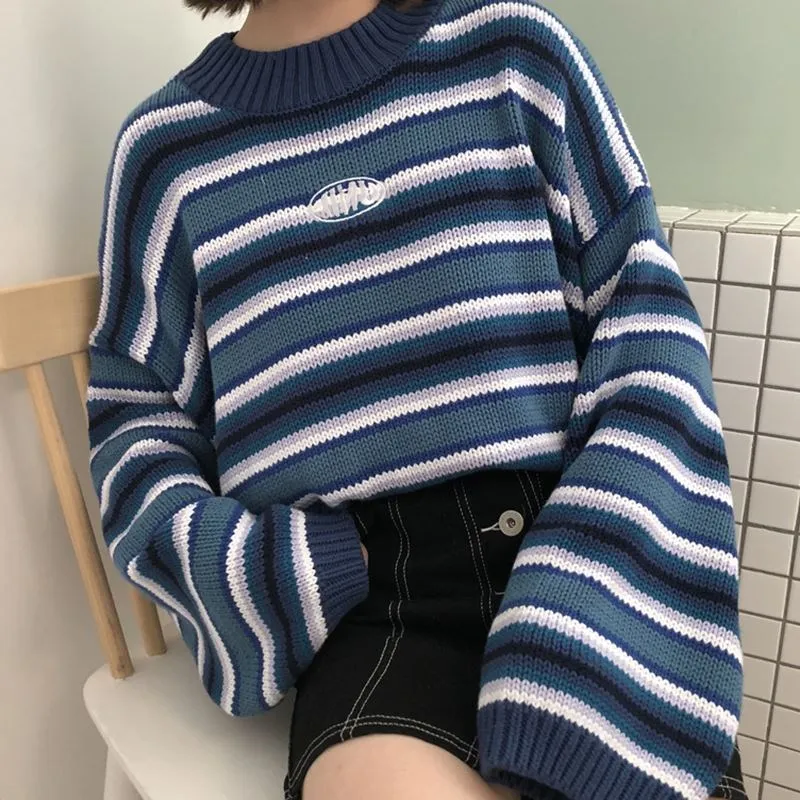 Female Korean Harajuku Clothing For Women Loose Wild Striped Student Sweater Women's Sweaters Kawaii Ulzzang Pullover Jumper | Женская