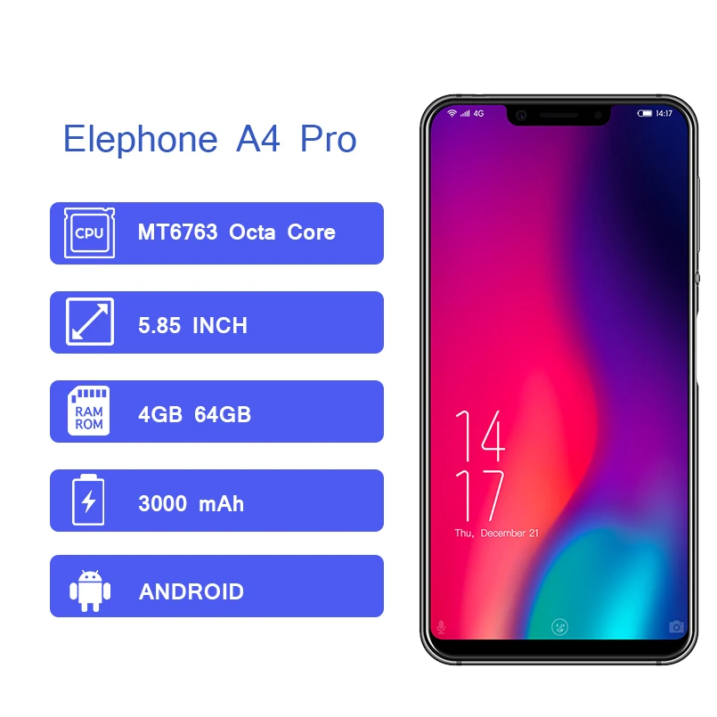 Elephone A4 Pro смартфон 4 GB 64 GB MT6763 Восьмиядерный отпечатков пальцев ID телефона 5,85 Full Экран 3000 mAh мобильный телефон
