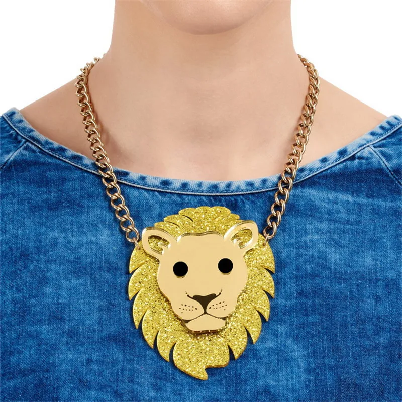 Sanyu Fashion Acrylic Jewelry Custom Women Gold Mirror Lion Head Large Pendant Necklace Link Chain HipHop Rock Necklaces | Украшения и